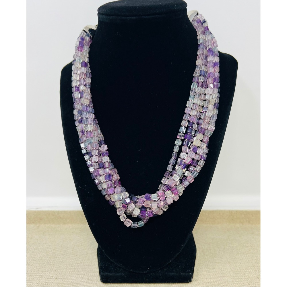 Tanner Multi Strand Purple Fluorite Square Bead Statement Silver Tone Necklace